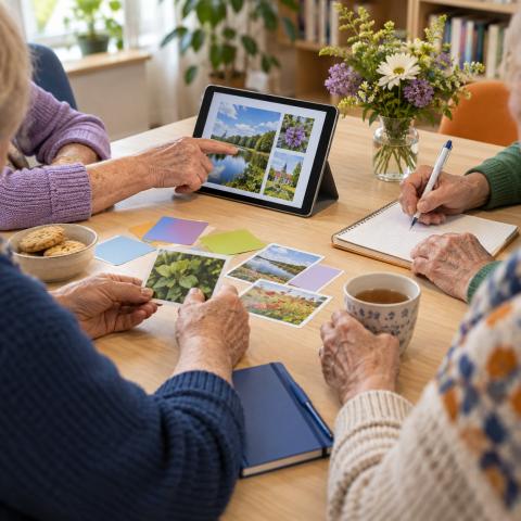 Pie galda sēž seniori. Tiek aplūkotas fotogrāfijas, rakstīts kladē un prezentēts uz planšetes. Attēlots mācību process.